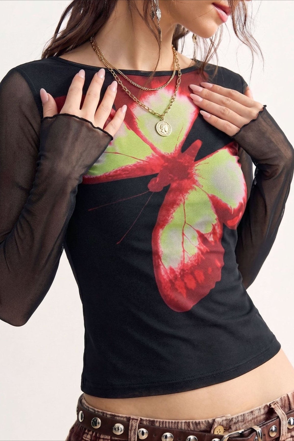 Butterfly Graphic Mesh Long Sleeve Tee