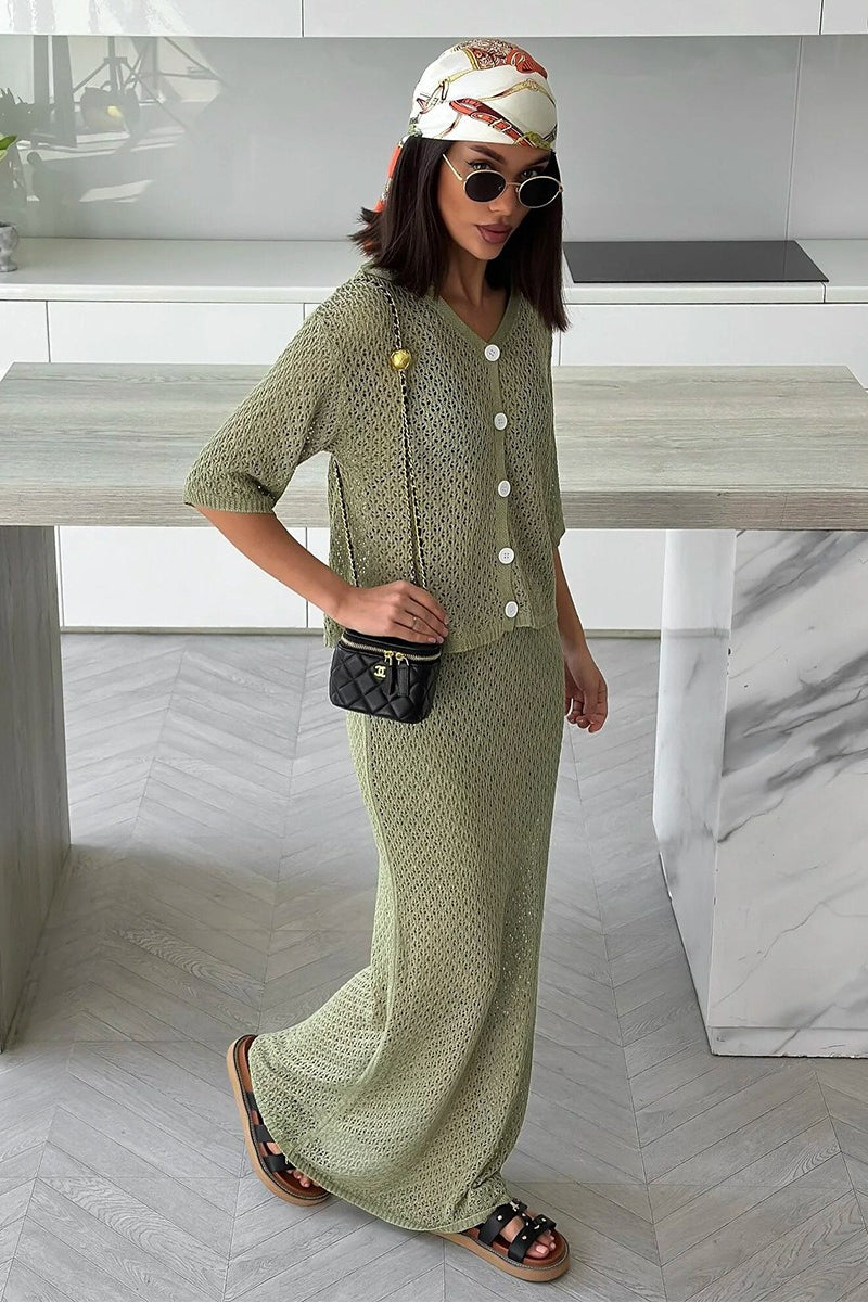 Openwork Collared Cardigan Maxi Skirt Set