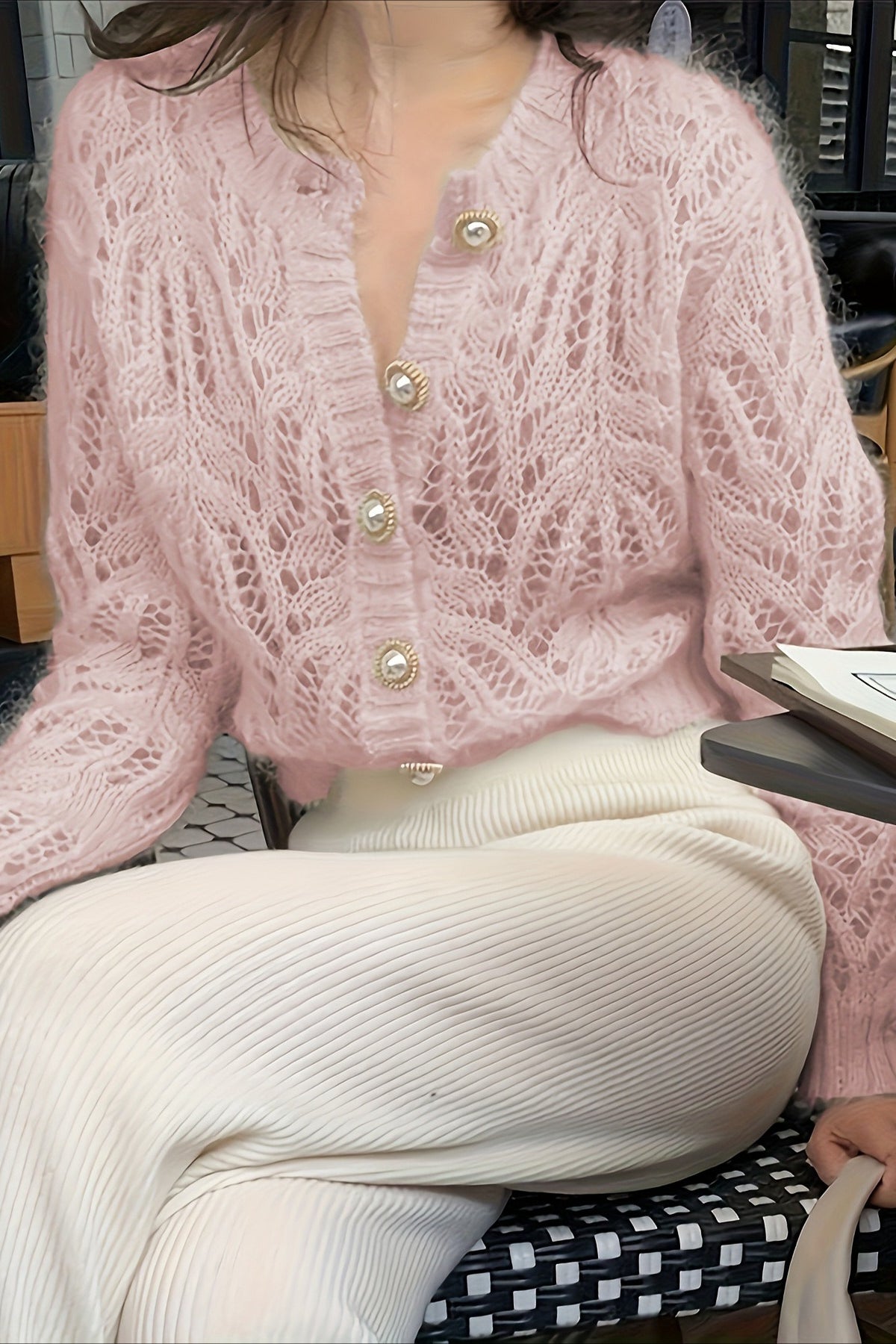 Pearl Button Leaf Knit Cardigans