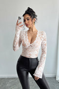 Deep V Floral Lace Bell Sleeve Blouse