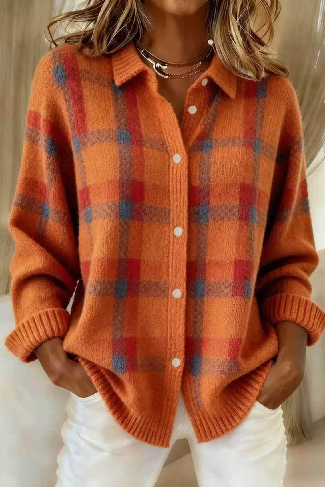 Plaid Collared Button Front Knit Cardigan
