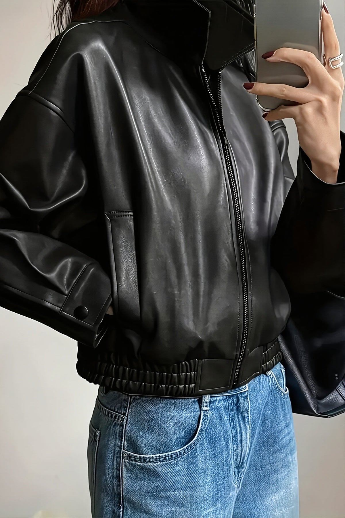 Relaxed Collared Zip Faux Leather Jacket