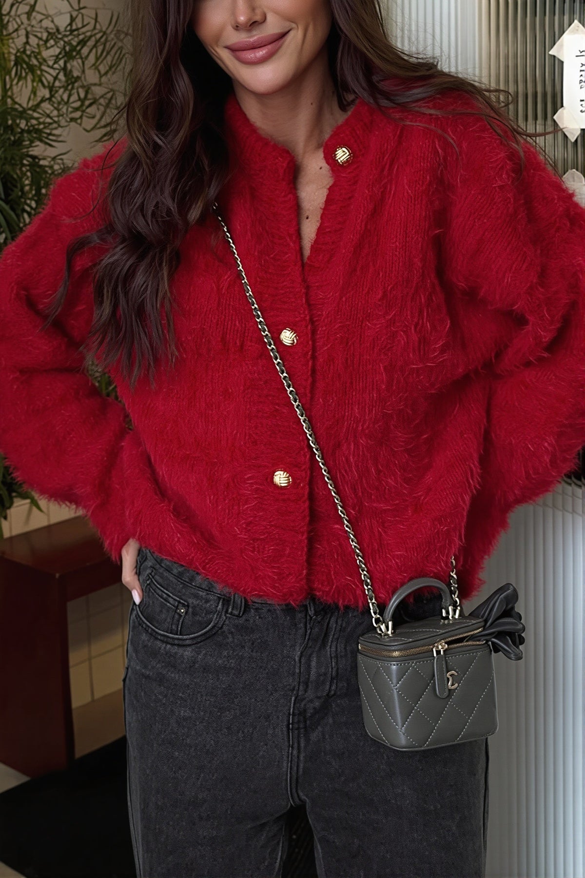 Fuzzy Round Neck Gold Button Cardigan