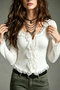 Lace Trim Flared Sleeve Button Cardigans
