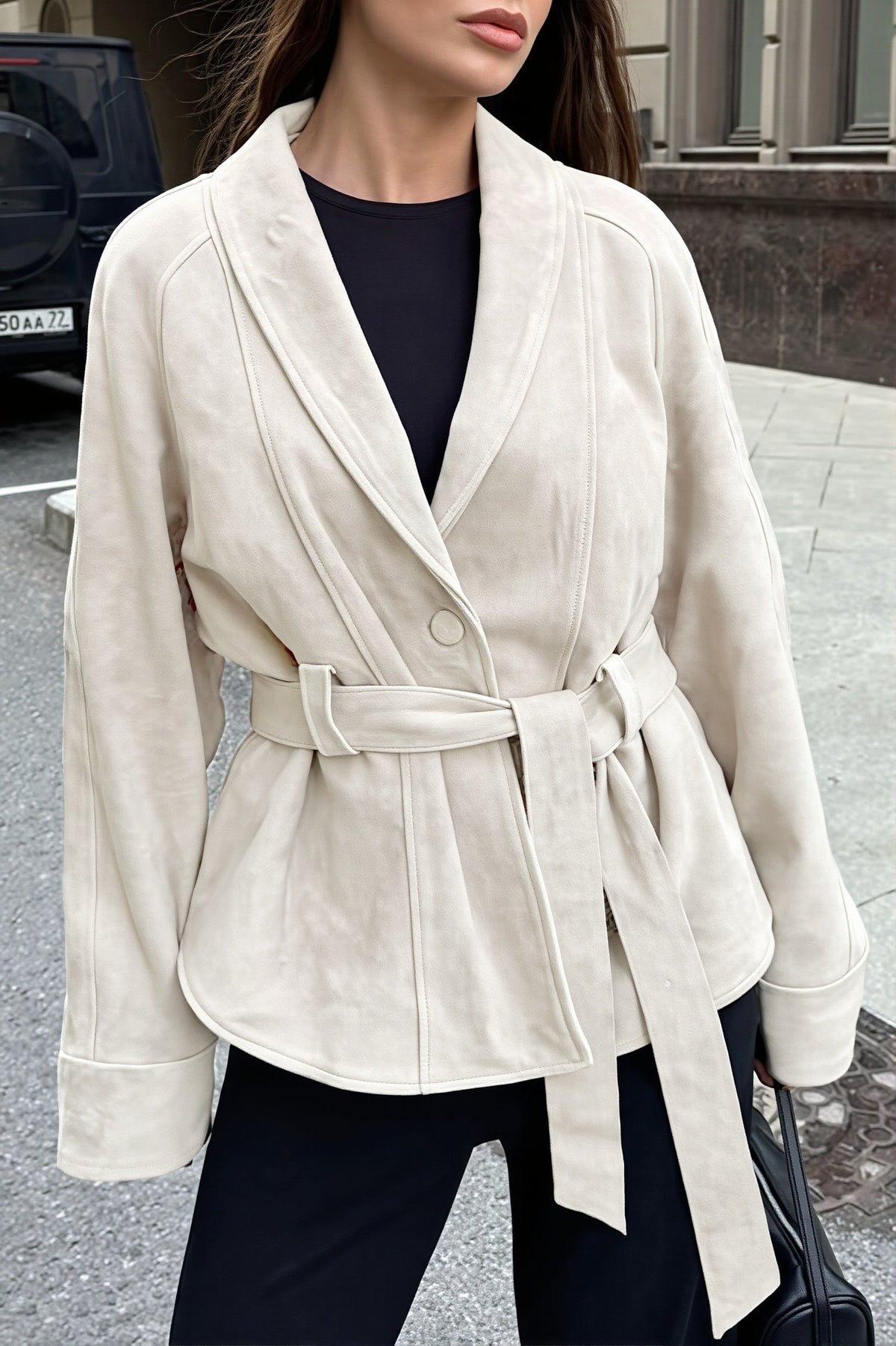 Belted Shawl Collar Suede Jacket