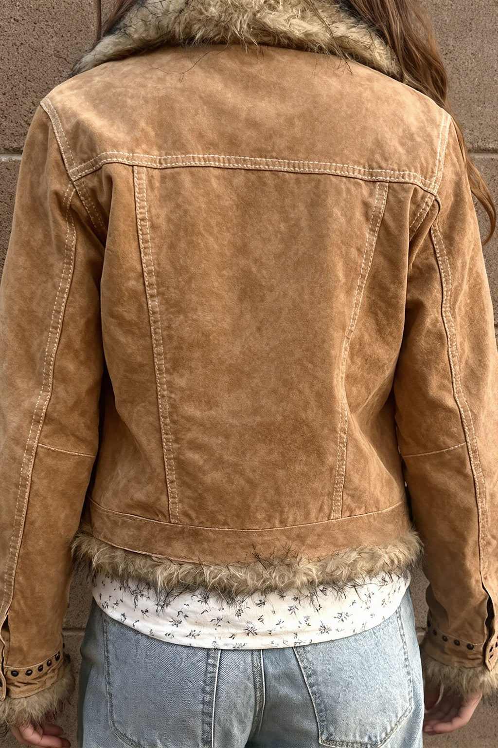 Faux Fur Trim Suede Button Jacket