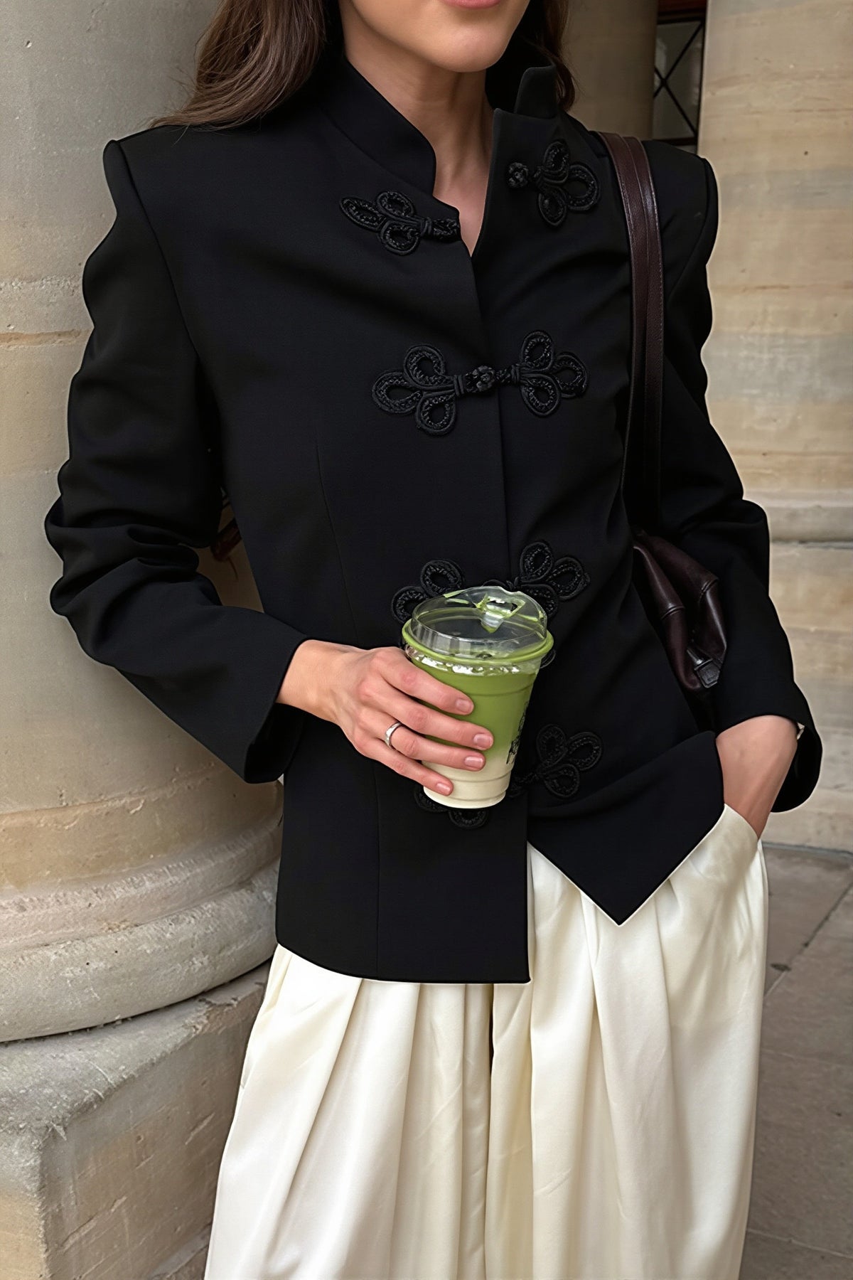 Mandarin Collar Frog Closure Blazer Jacket