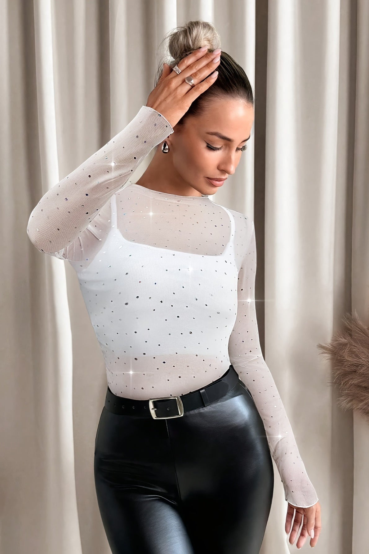 Rhinestone Sheer Mock Neck Top