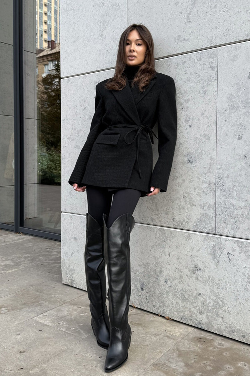 Notched Lapel Belted Tailored Blazer