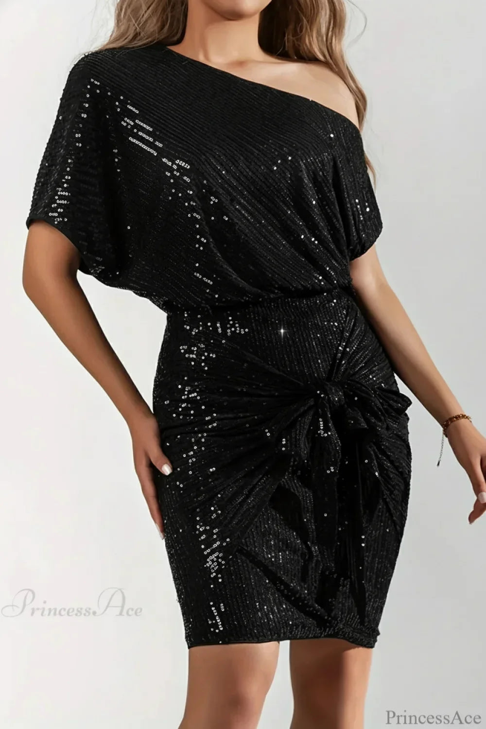 Asymmetric Shoulder Sequined Fitted Irregular Mini Dress