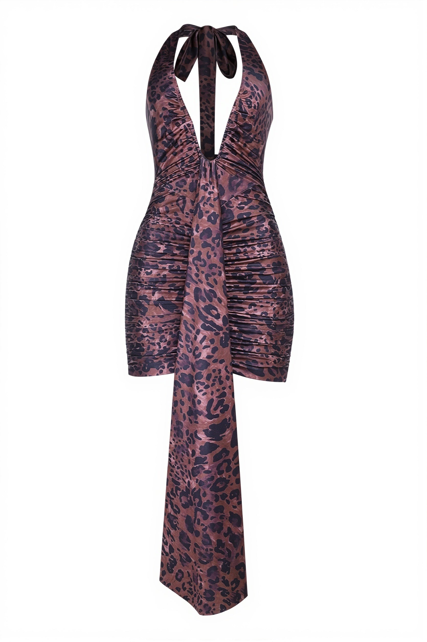 Sexy Leopard Deep V Halter Backless Tie Mini Dress