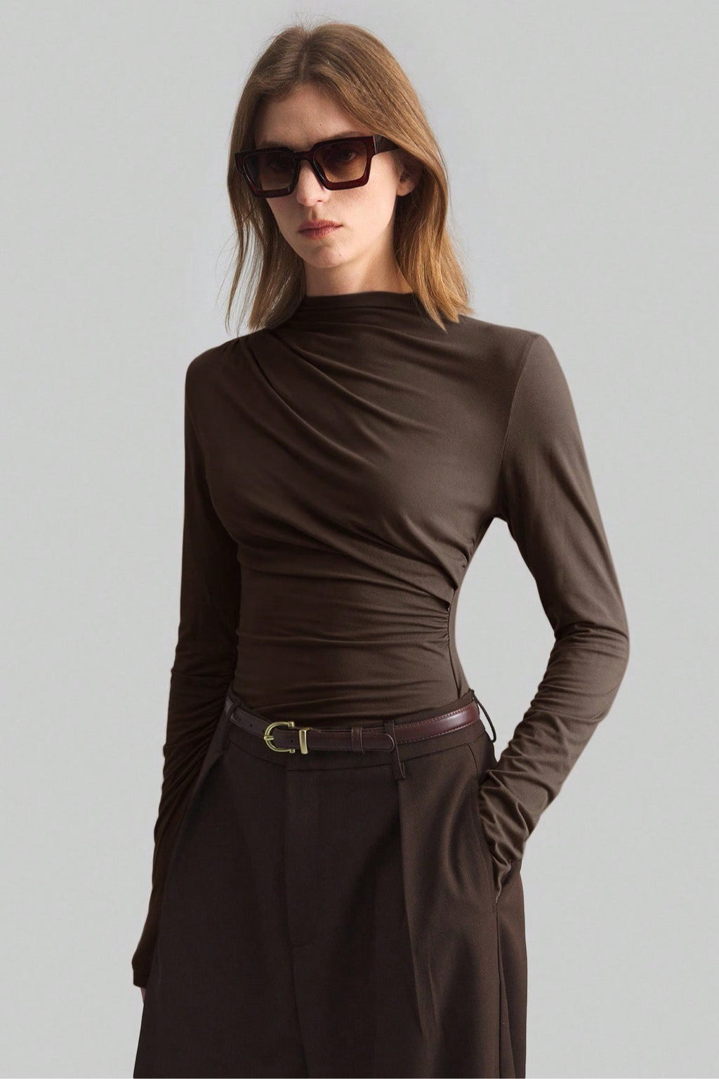 Asymmetric Ruched Mock Neck Top