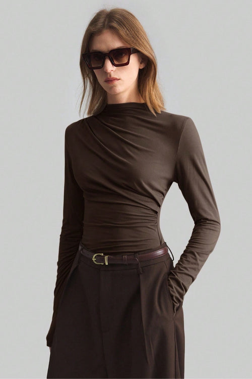 Asymmetric Ruched Mock Neck Top