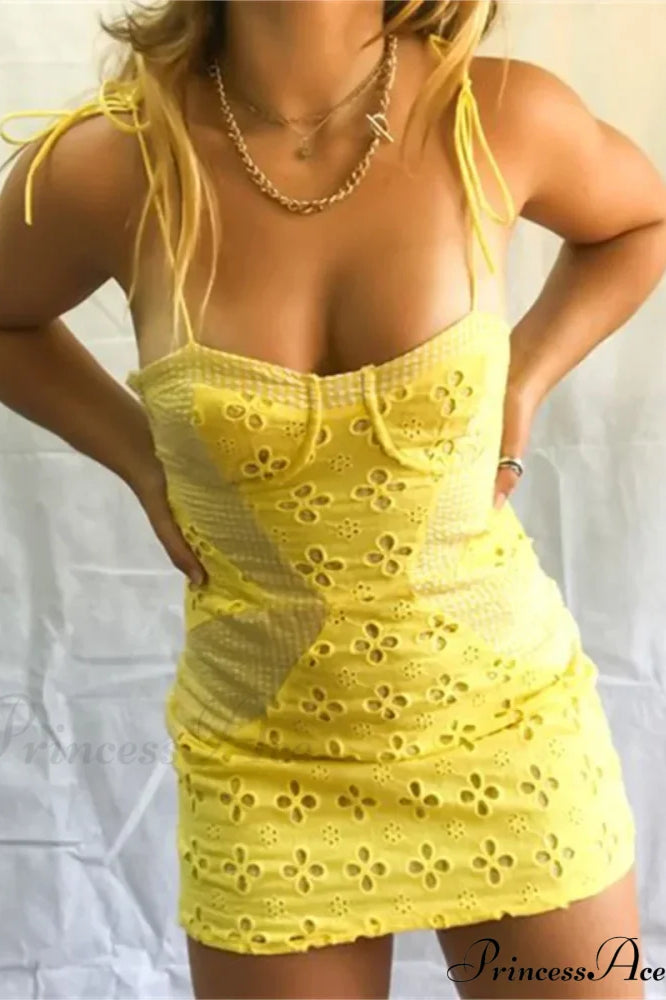Yellow Floral Print Suspender Mini Dress
