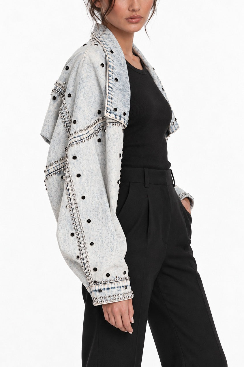 Rhinestone Studded Cropped Denim Jacket