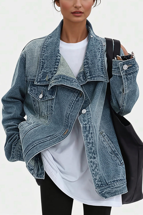 Asymmetric High Neck Denim Jacket