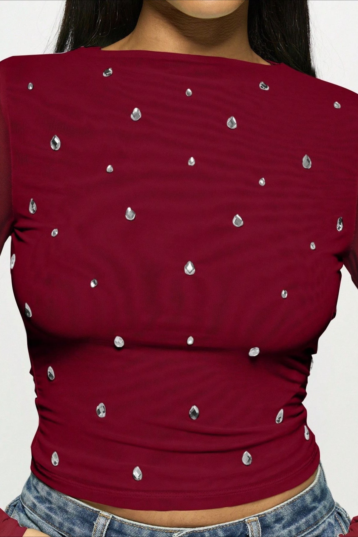 Rhinestone Ruched Mock Neck Mesh Top