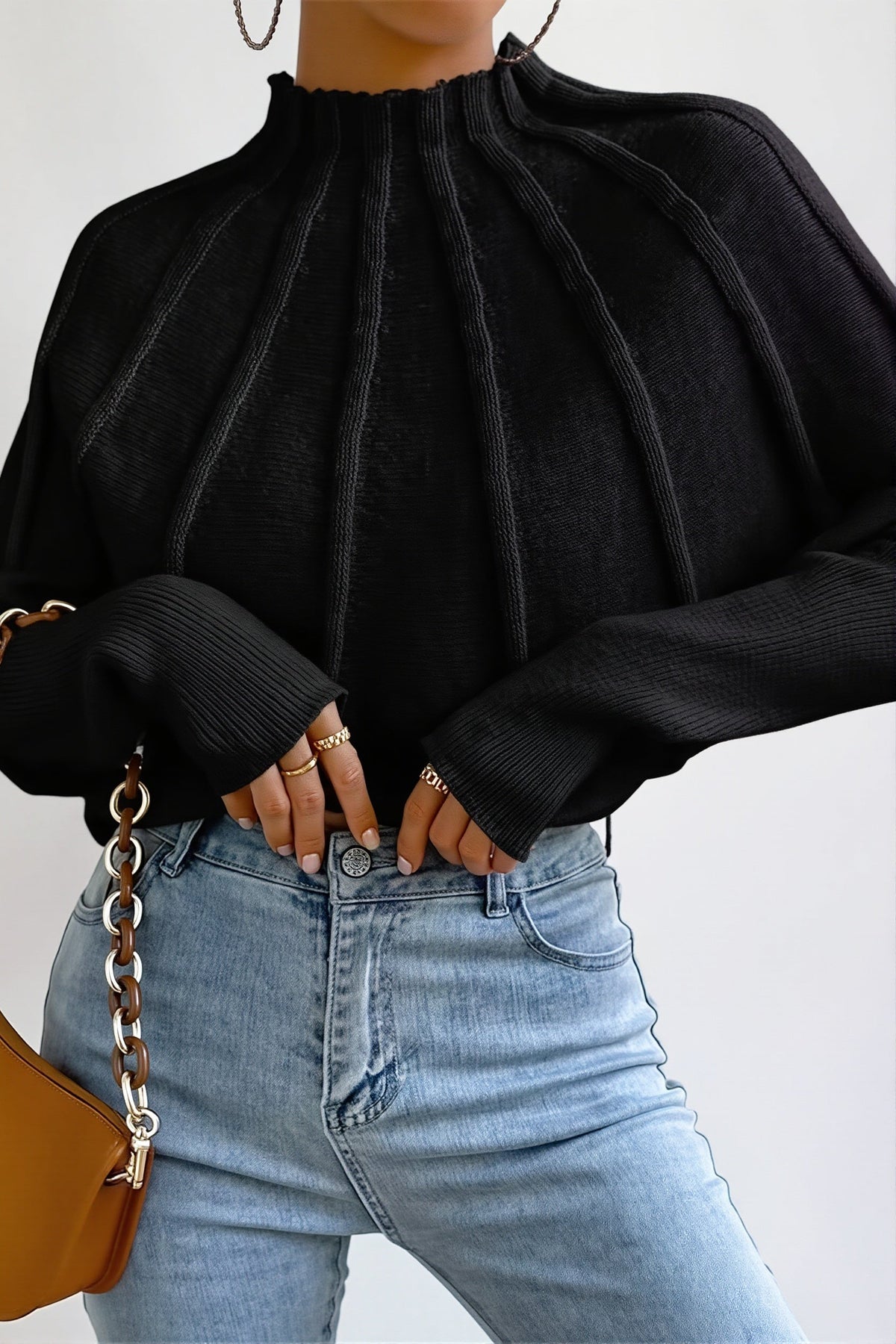 Ribbed Mock Neck Batwing Sweater