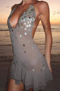 Sexy Halter Backless Sequin Ruffle Mini Dress
