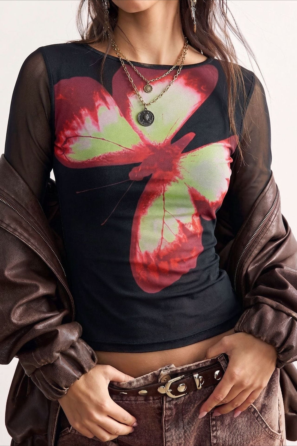 Butterfly Graphic Mesh Long Sleeve Tee