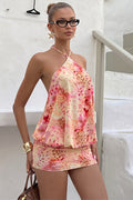 Chic Print Halter Backless Tie Waist Bodycon Mini Dress