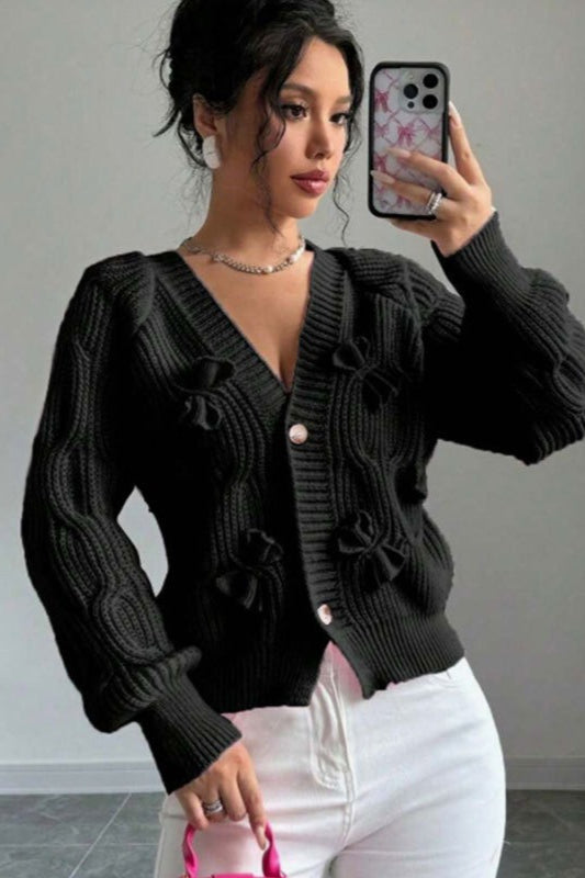 Bow Applique V Neck Button Knit Cardigan
