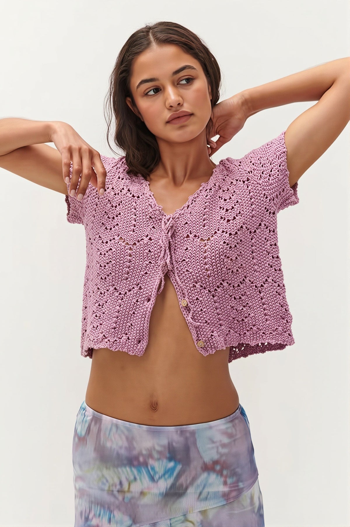 Openwork V Neck Tie Front Cardigan