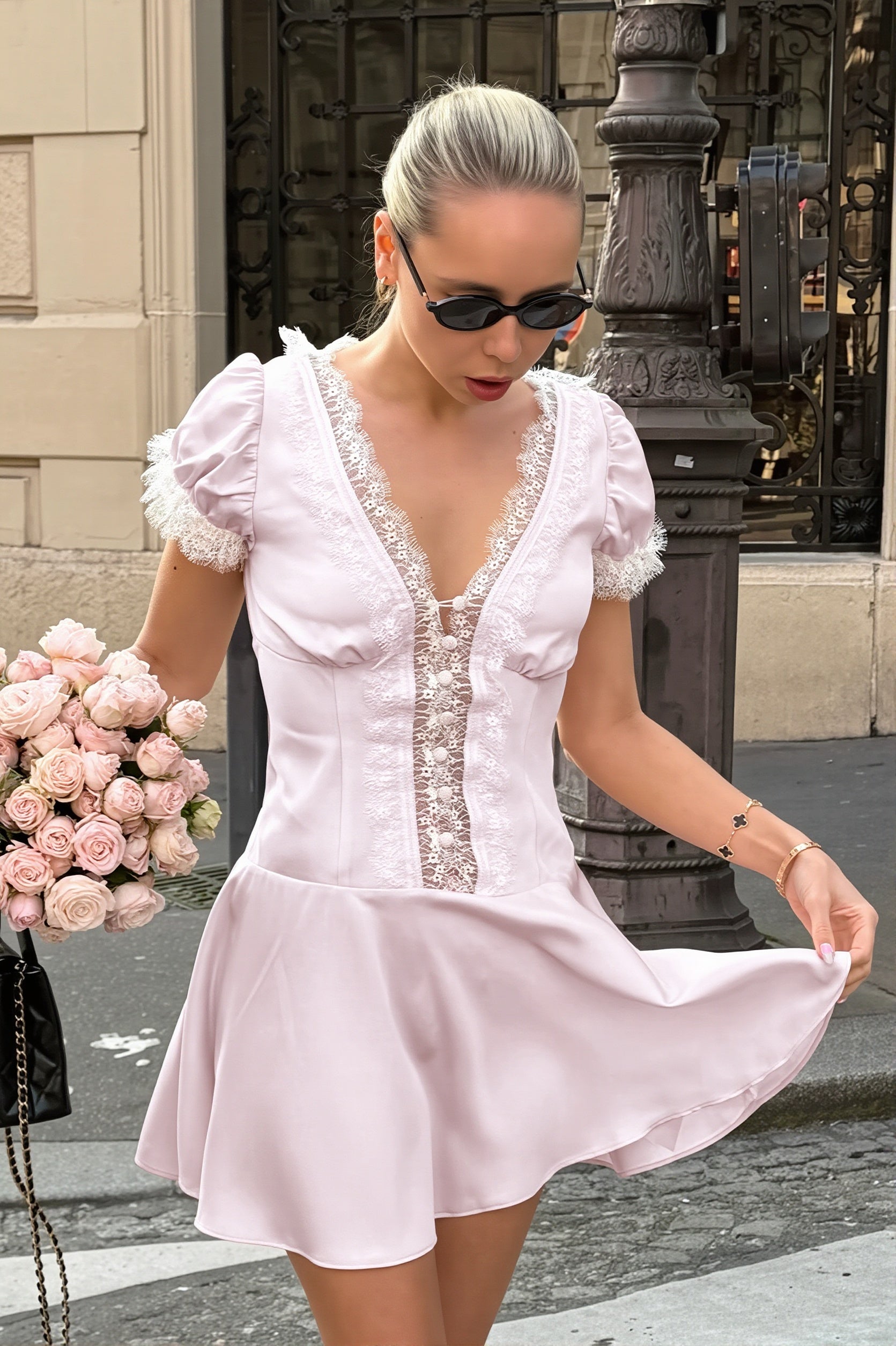 Pink Satin Lace Puff Sleeve Mini Dress
