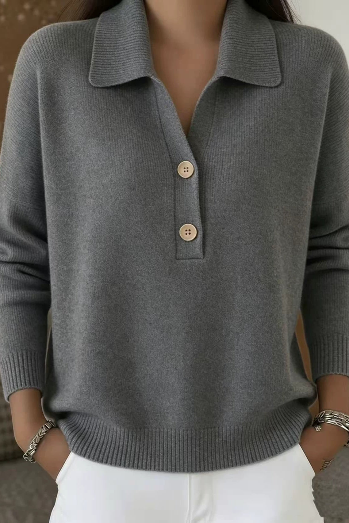Collared Button Placket Relaxed Knit Sweater