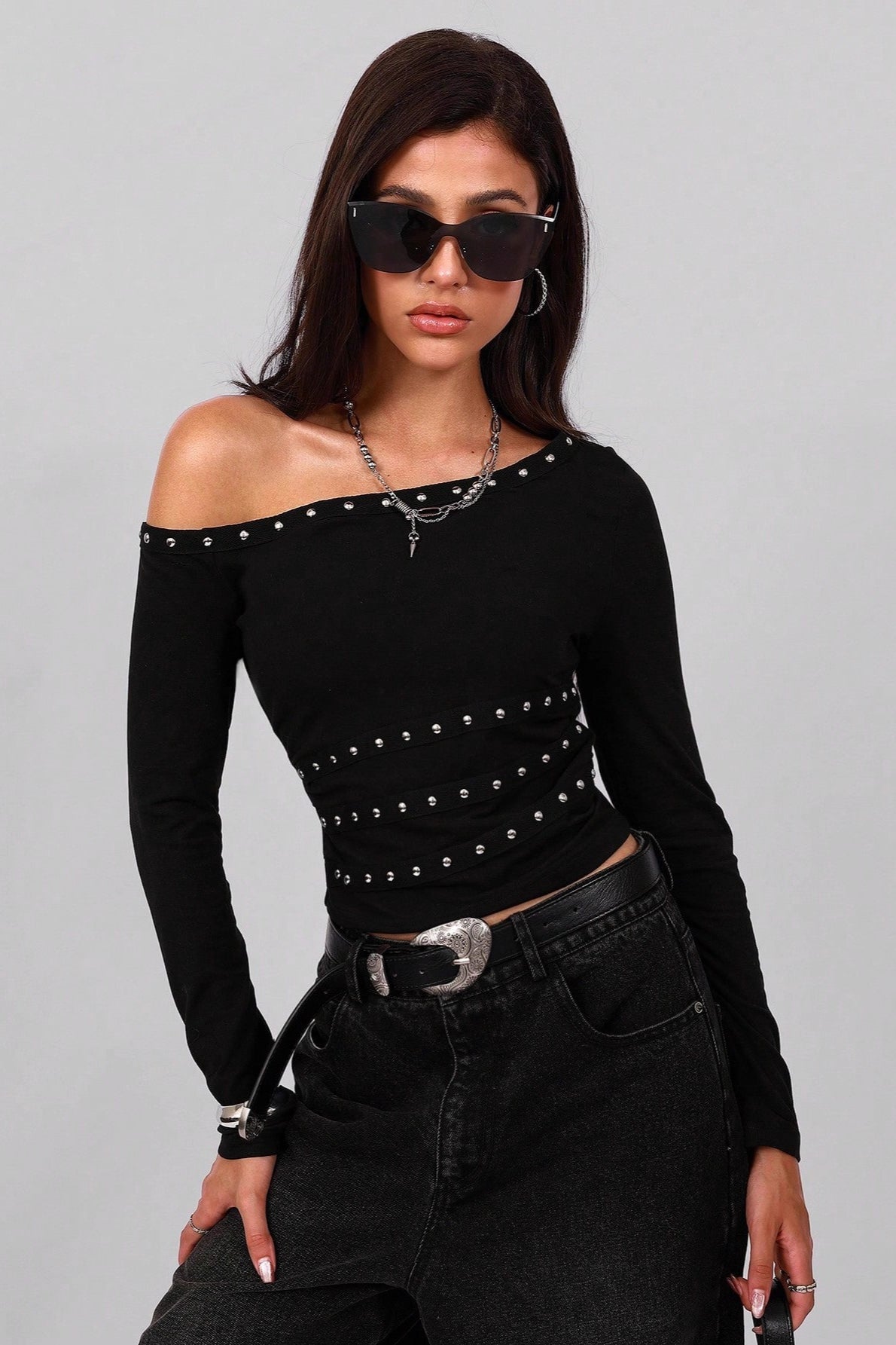 Studded One Shoulder Cutout Top