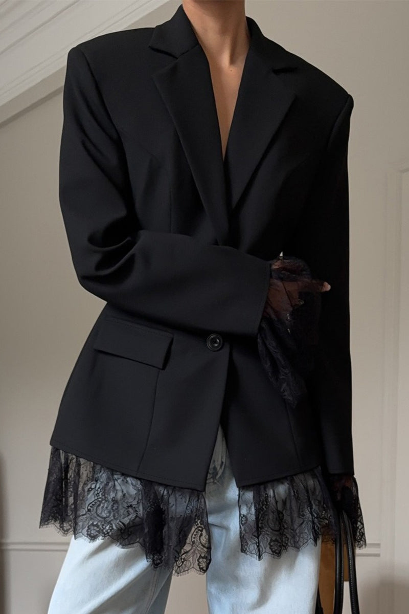 Lace Trim Flap Pocket Fitted Blazer