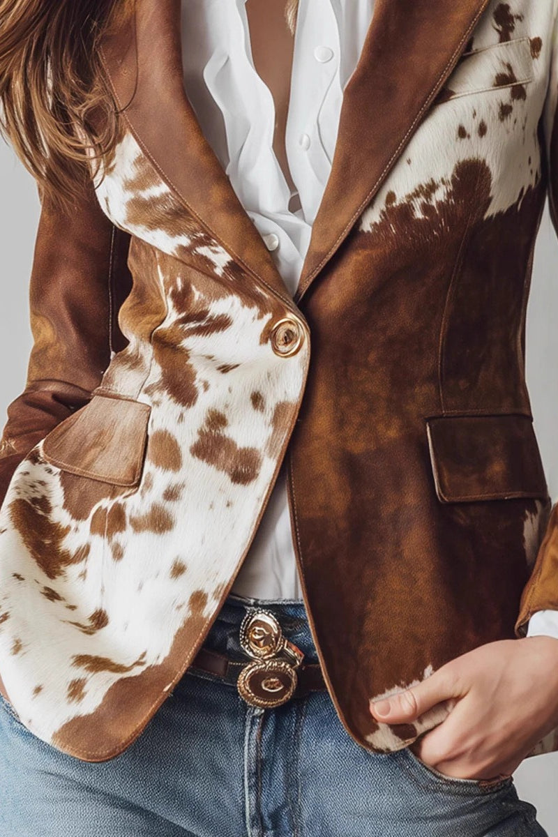 Cow Print Single Button Suede Blazer