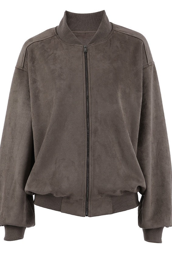 Suede Zip Front Balloon Sleeve Jacket