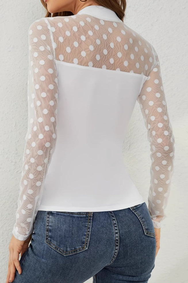 Polka Dot Mesh Yoke Long Sleeve Top