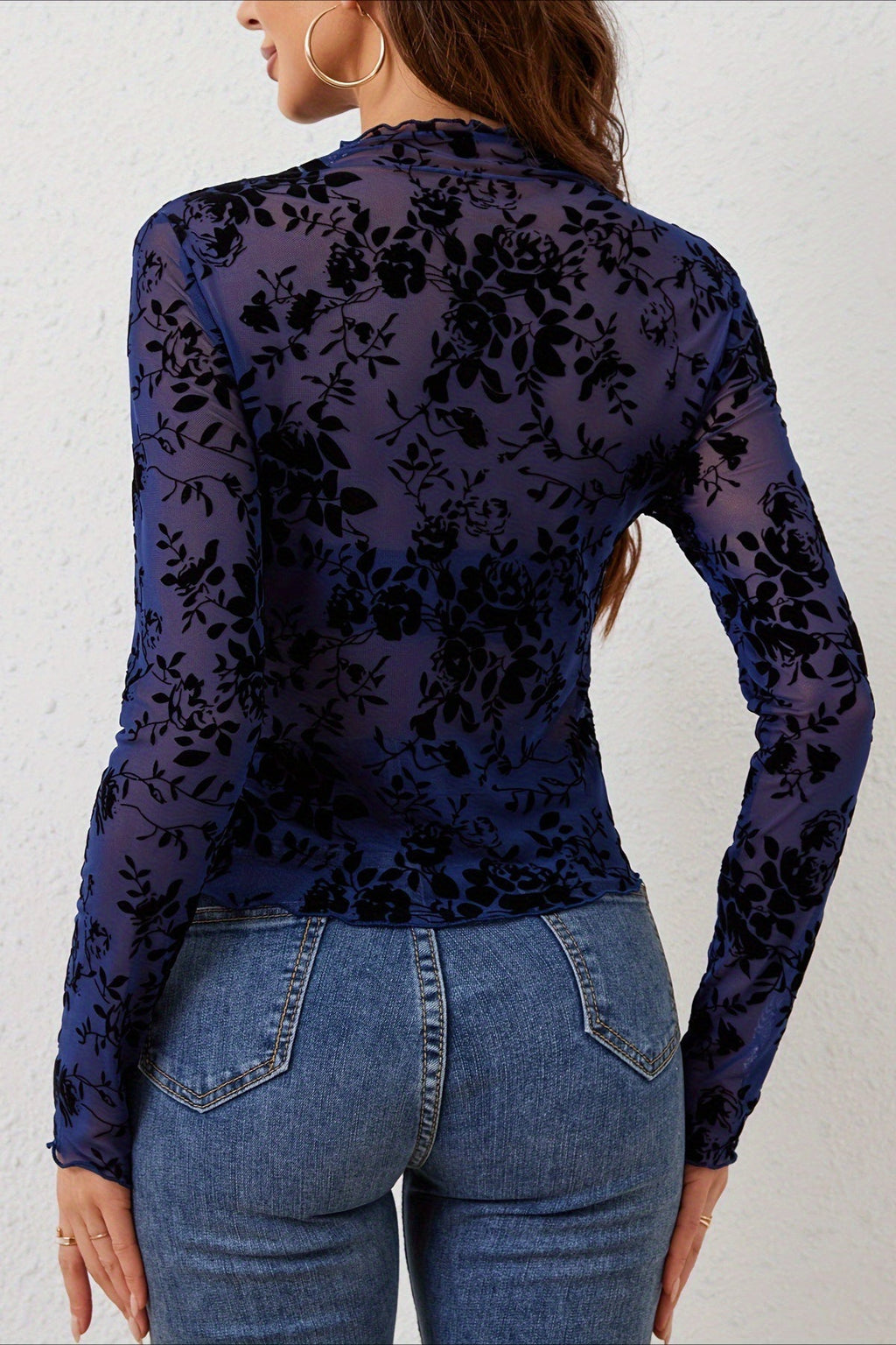 Flocked Floral Mesh Mock Neck Top