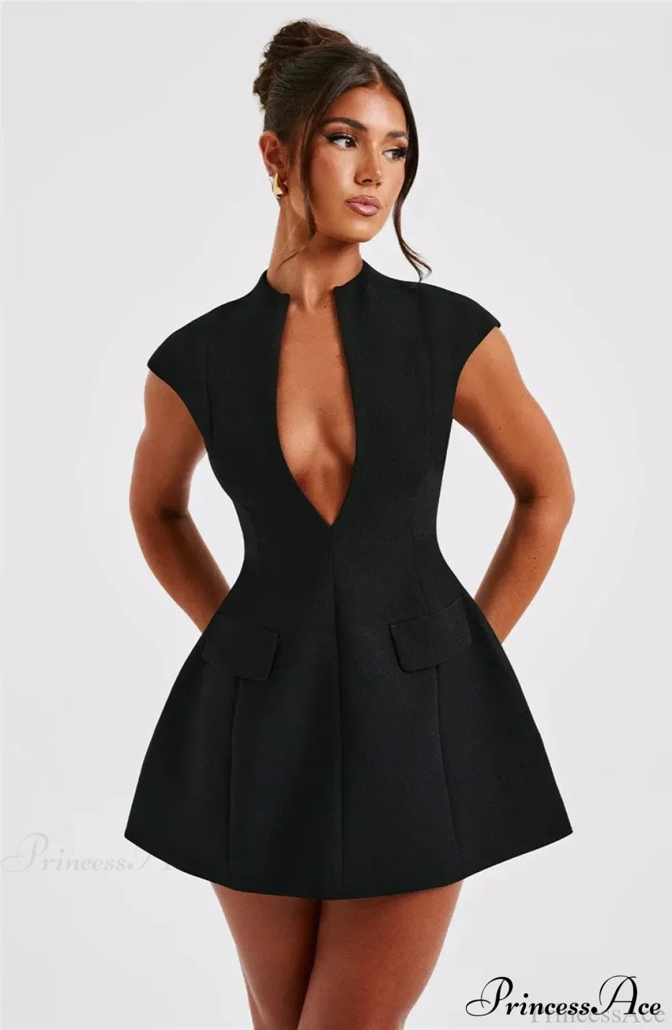 Black Deep Neck Solid Mini Dress