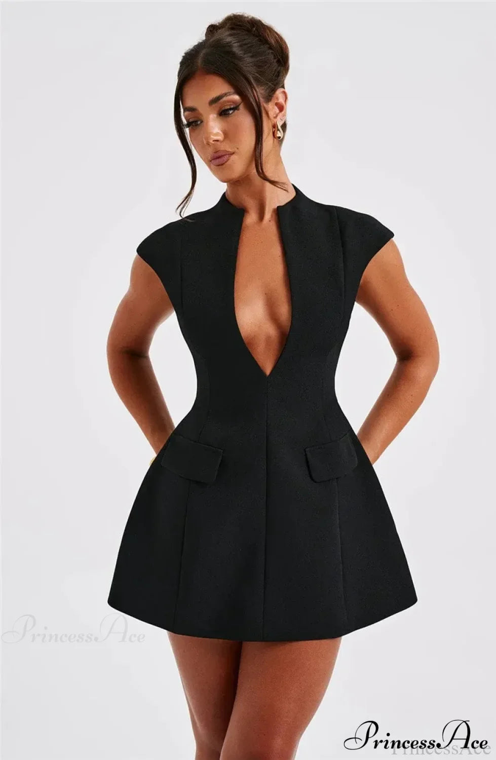 Black Deep Neck Solid Mini Dress