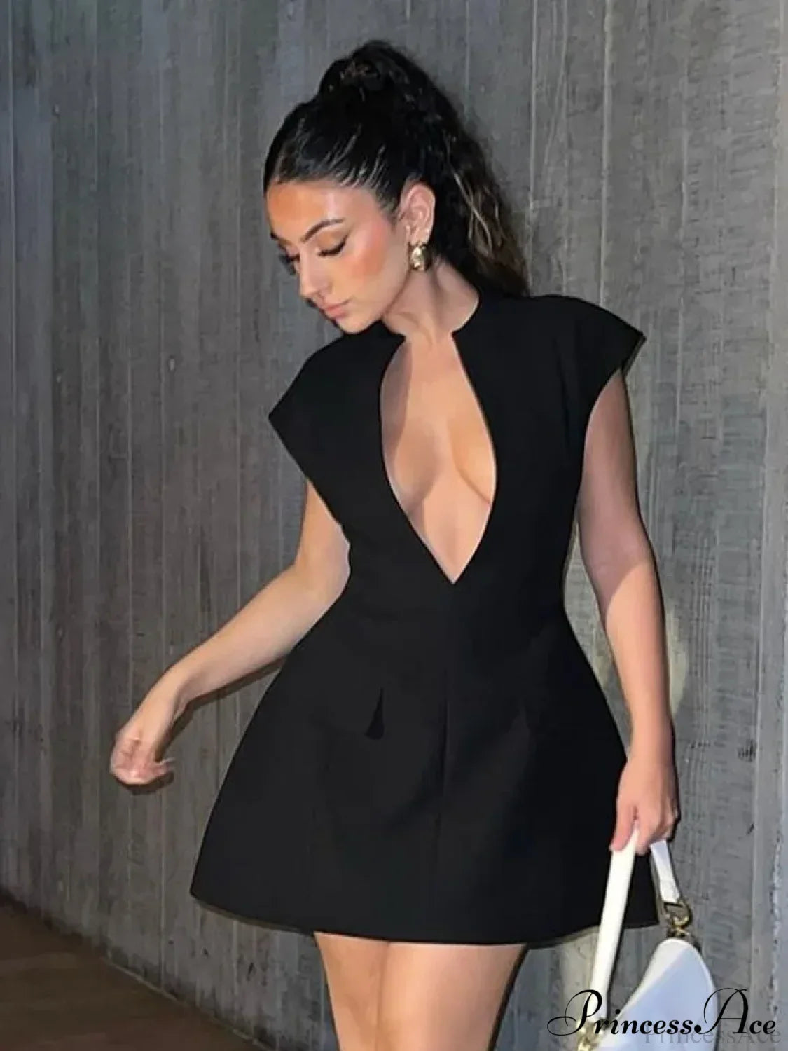 Black Deep Neck Solid Mini Dress