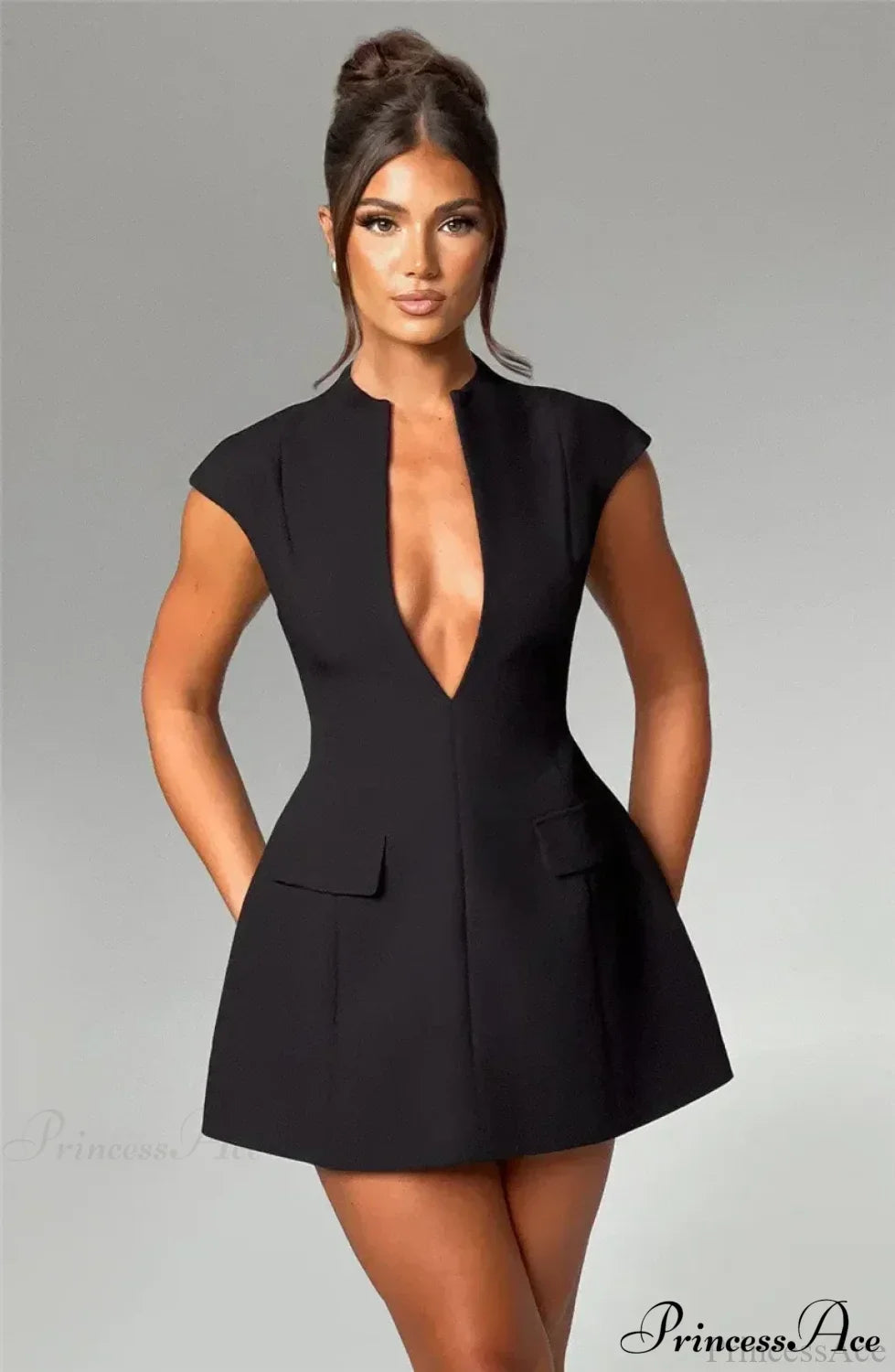 Black Deep Neck Solid Mini Dress