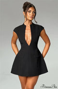 Black Deep Neck Solid Mini Dress