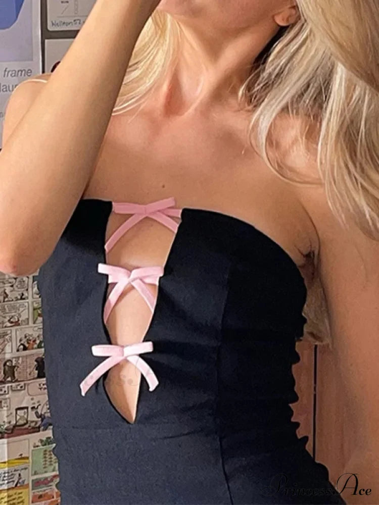 Bow Embellish Graceful Black Halter Mini Dress