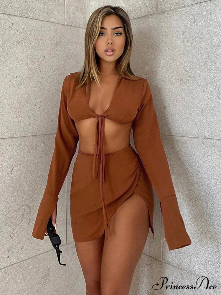 Brown Tie Front Top Skirt Sets Mini Dress