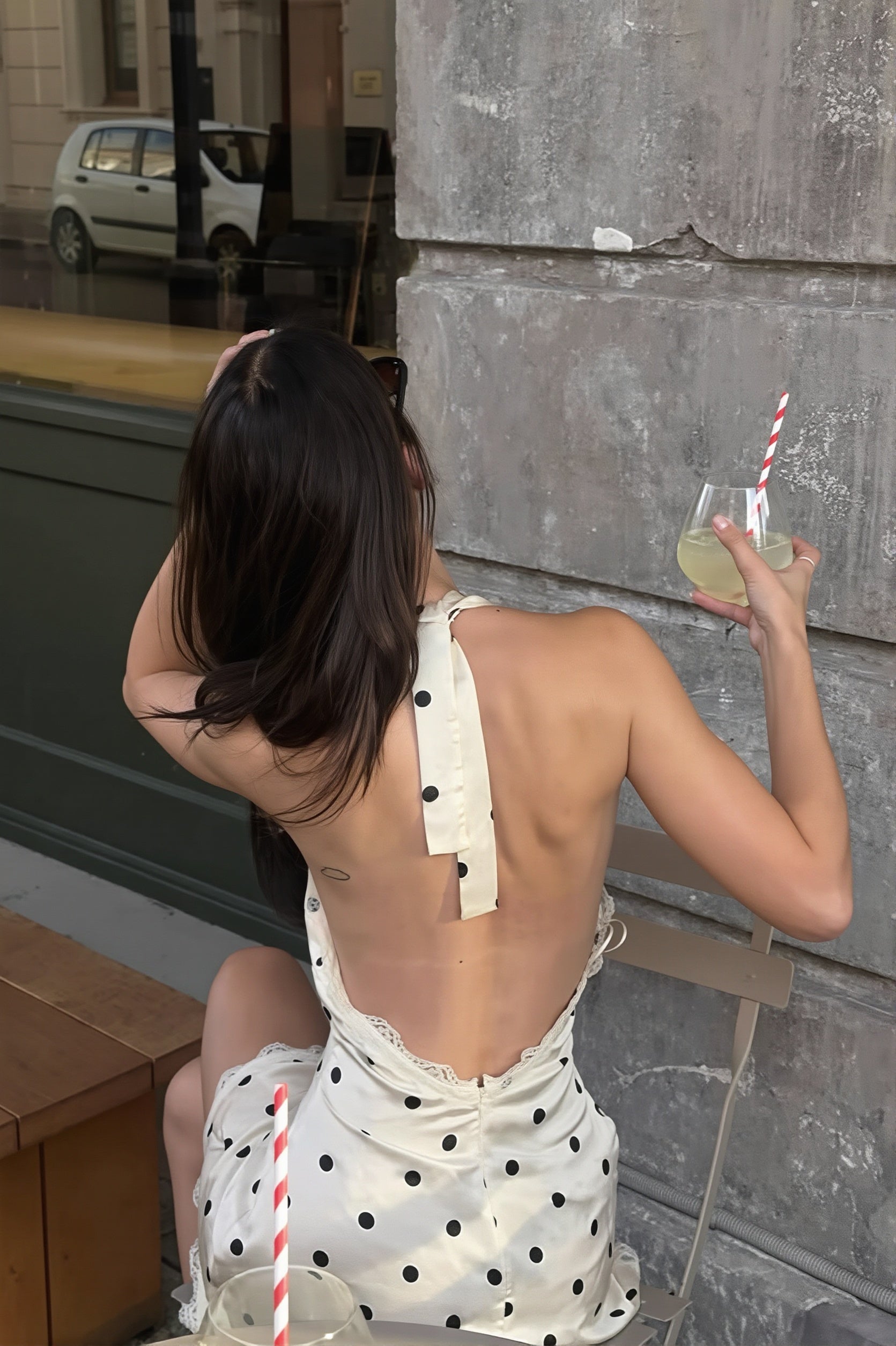 Polka Dot Halter V Neck Cutout Back Mini Dress