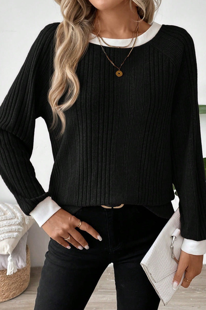 Ribbed Contrast Trim Crew Neck Knit Sweater