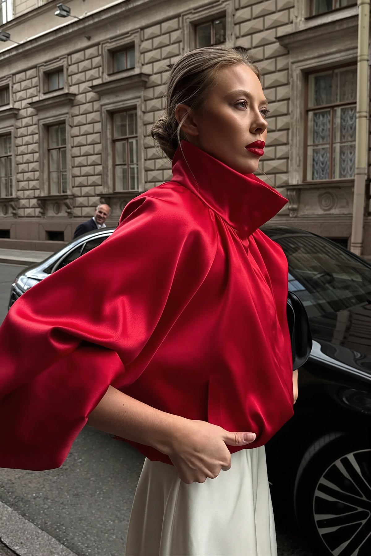 Satin Funnel Neck Balloon Sleeve Jacket