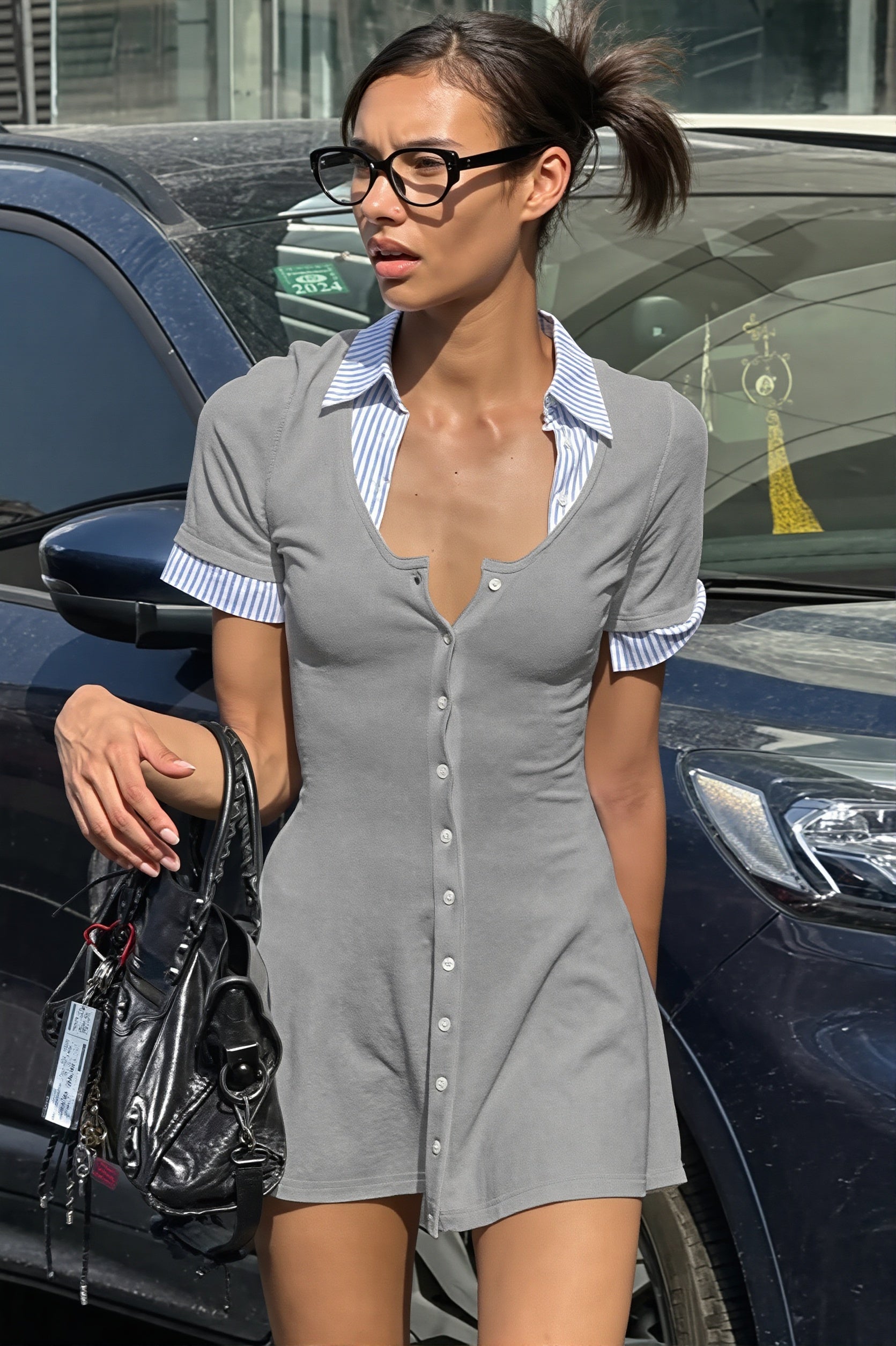 Contrast Collar Button Knit Mini Dress