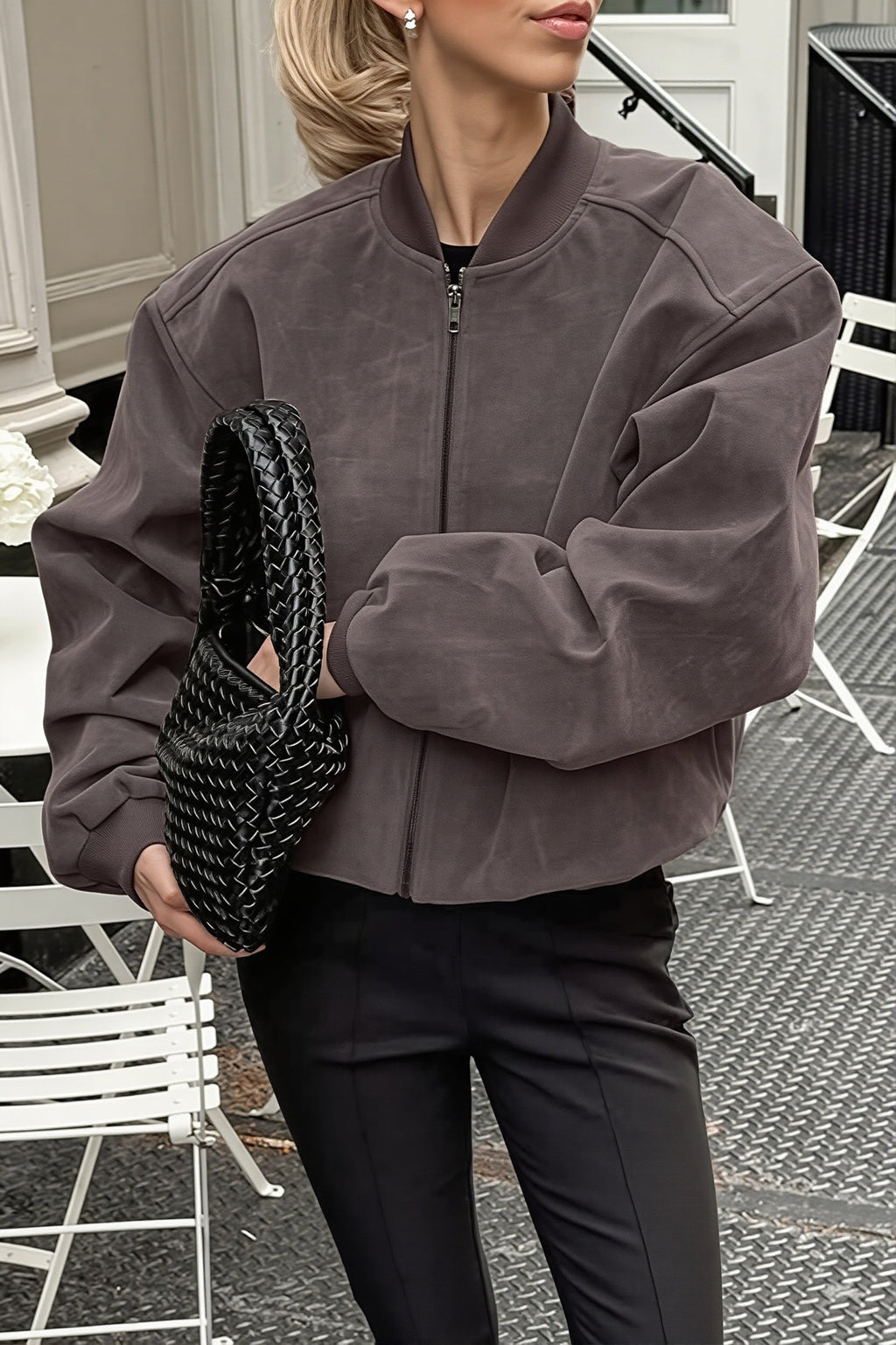 Suede Zip Front Balloon Sleeve Jacket
