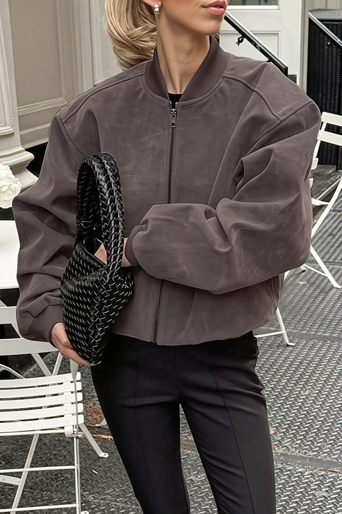 Suede Zip Front Balloon Sleeve Jacket