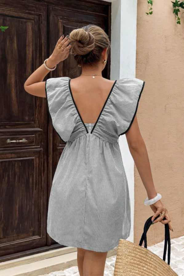 Striped V Neck Ruffle Flutter Sleeve Mini Dress