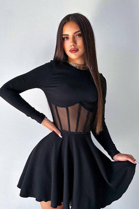Long-Sleeve Patchwork Waist-Defined Mini Dress